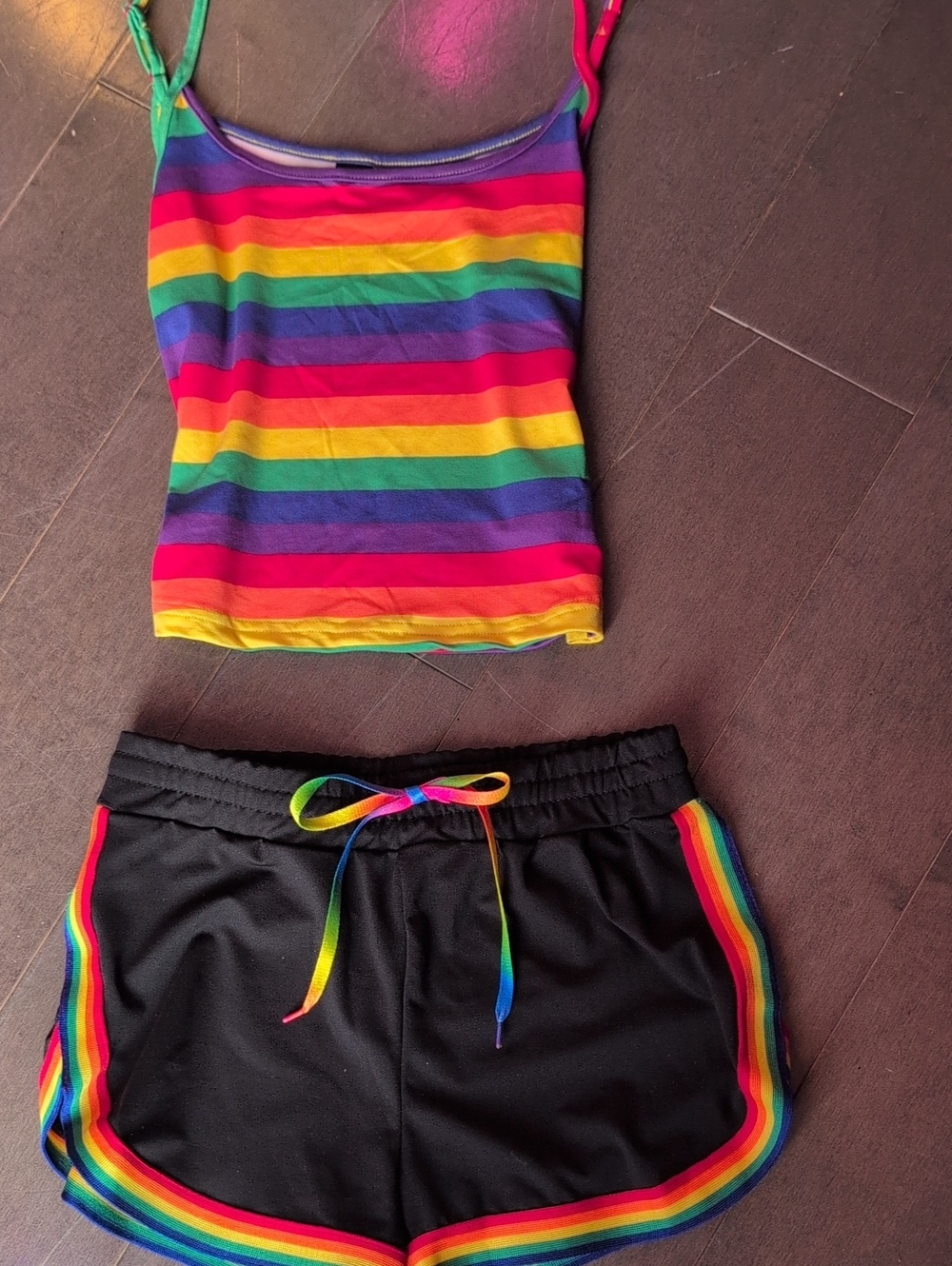 BRAND NEW Multicolor Stripe Crop Tank with Black Rainbow-Trim Shorts